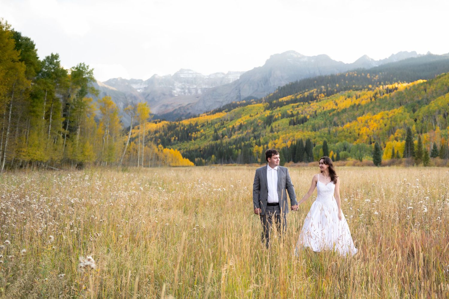 Bride and groom walking hand in hand through a golden meadow with autumn aspen trees and Rocky Mountains backdrop.