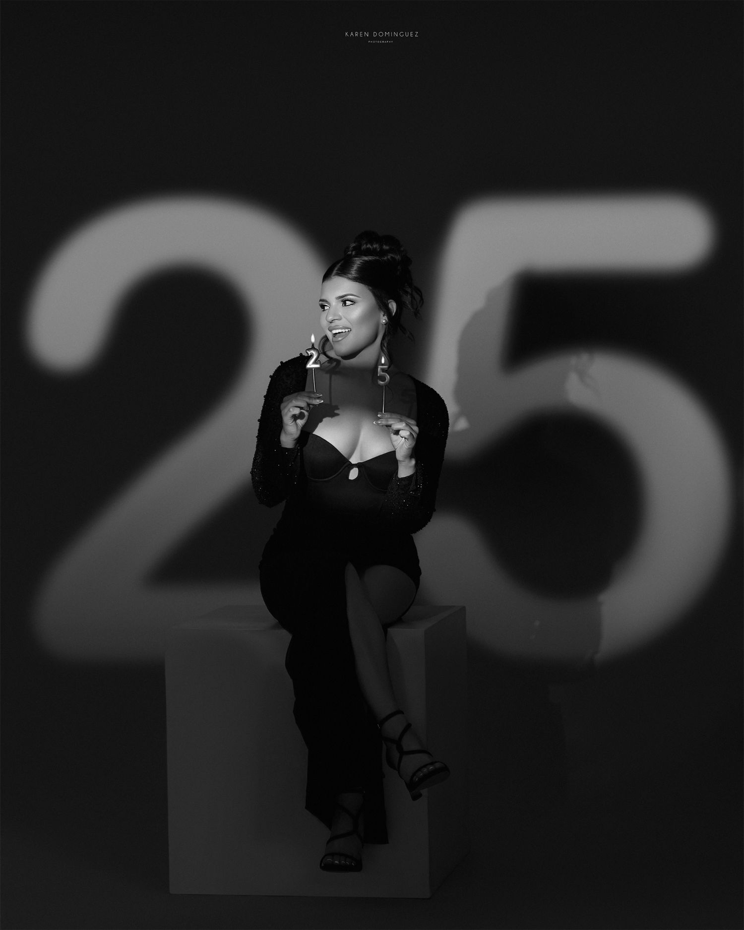 A series of black and white artistic portraits showing dramatic lighting and shadows against a dark background.