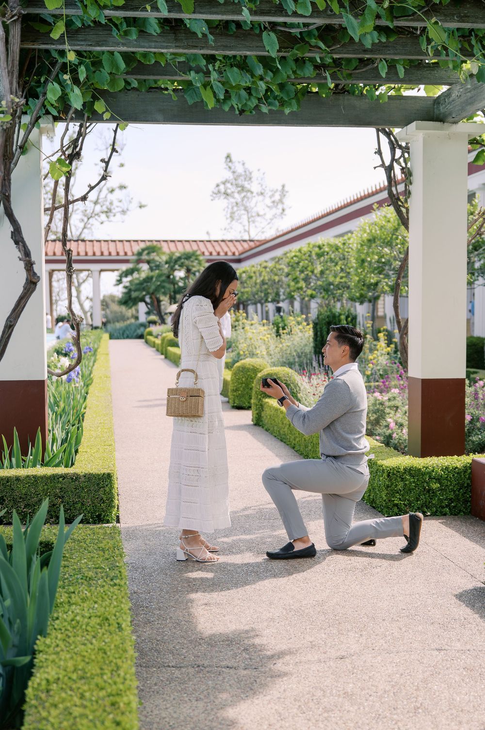 A romantic proposal moment in a garden pathway framed by lush greenery and a white pergola.