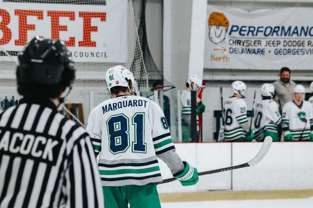 Hockey players in green and white striped jerseys compete during an intense ice hockey match.