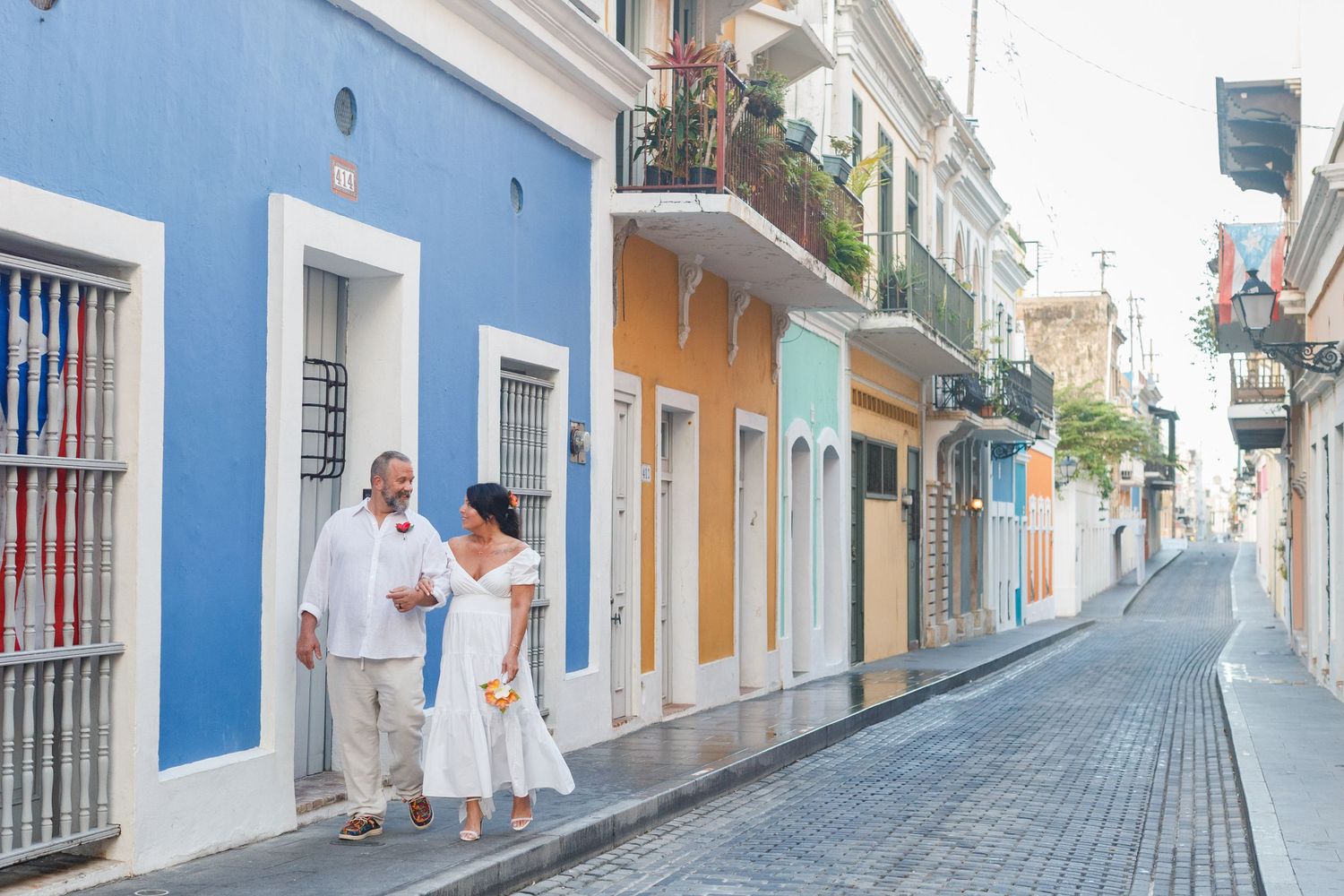 Wedding portrait. Colorful street in Old San Juan, Puerto Rico.