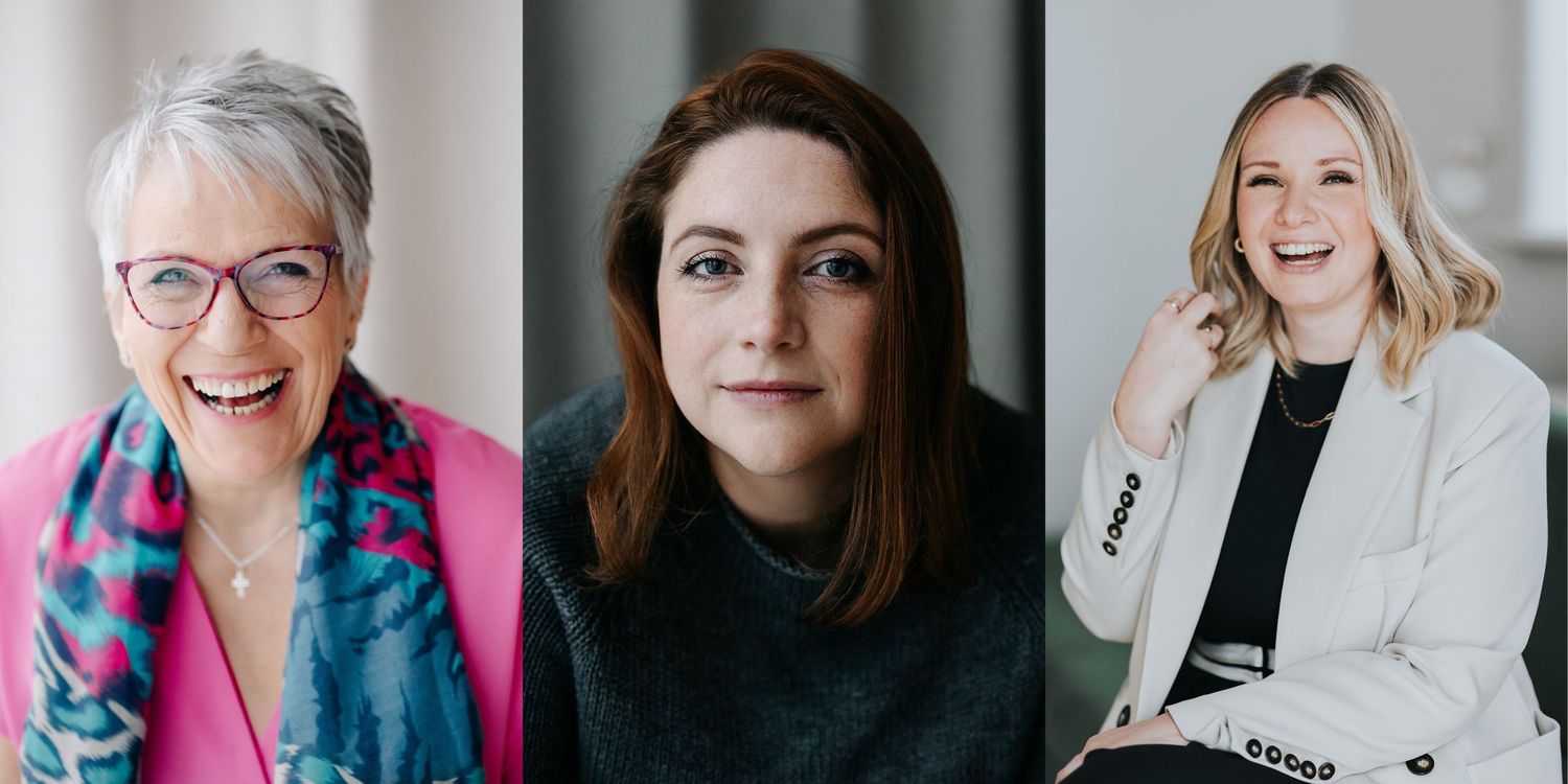 Three professional headshots showing people with warm expressions against neutral backgrounds.