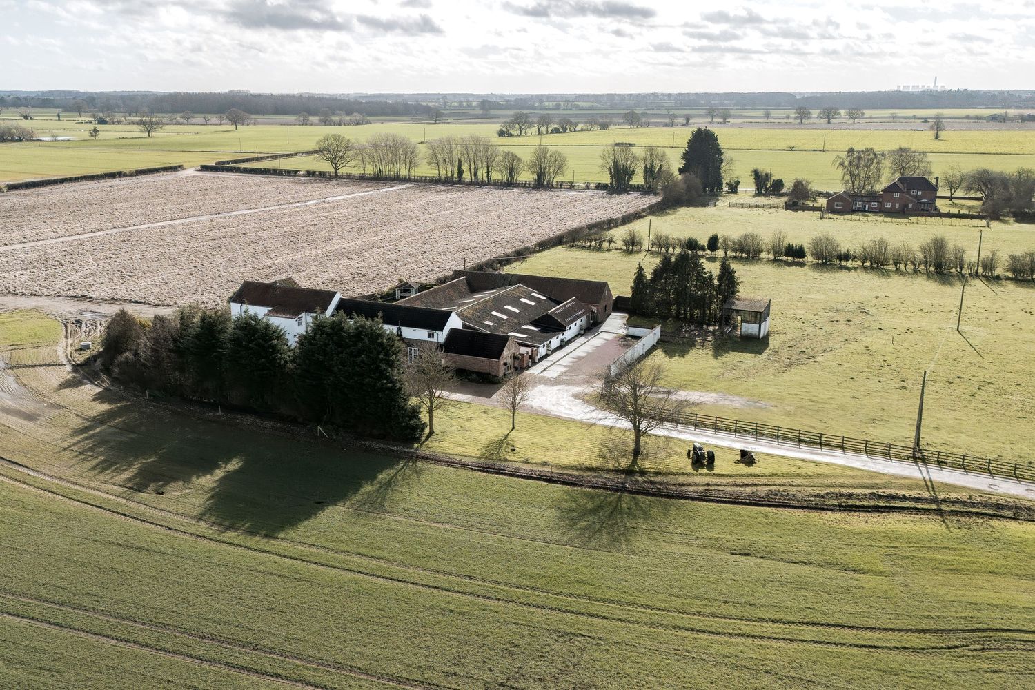 An aerial view of the barn wedding venue Deighton Lodge.