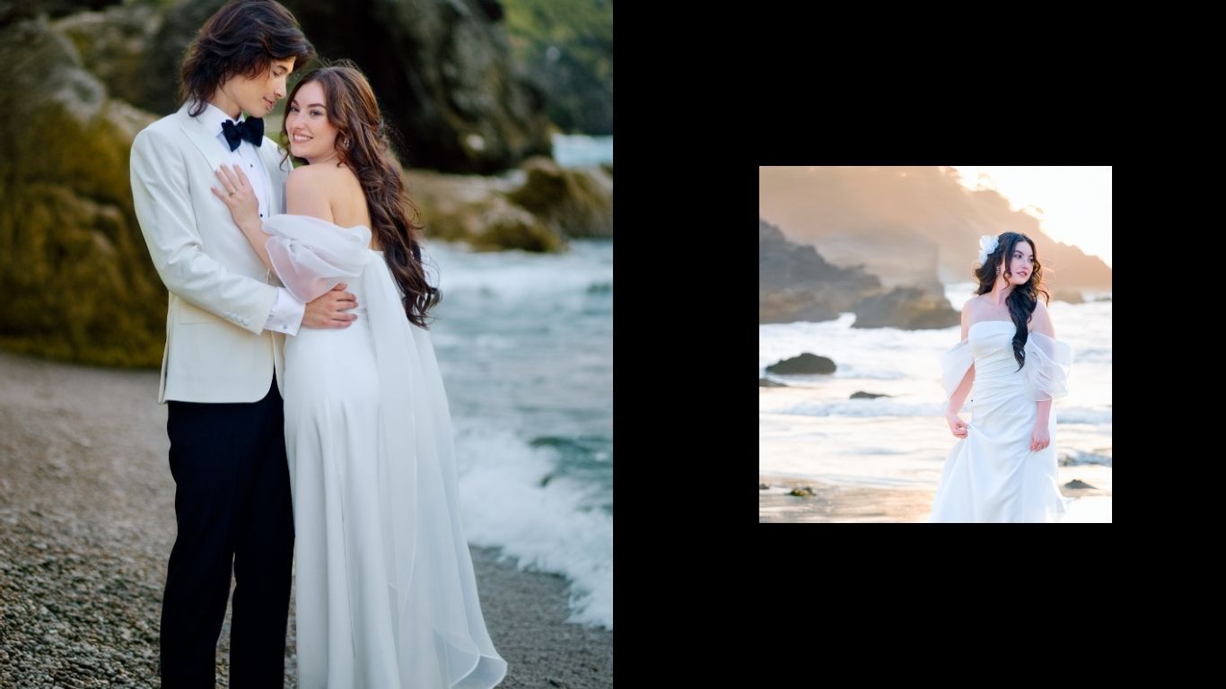 A romantic California coast, beach, elopement photoshoot at sunset with a couple in wedding attire embracing on the sandy shore.