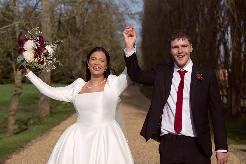Wedding couple celebrates joyfully in a series of candid outdoor photos showing their happiness and love.