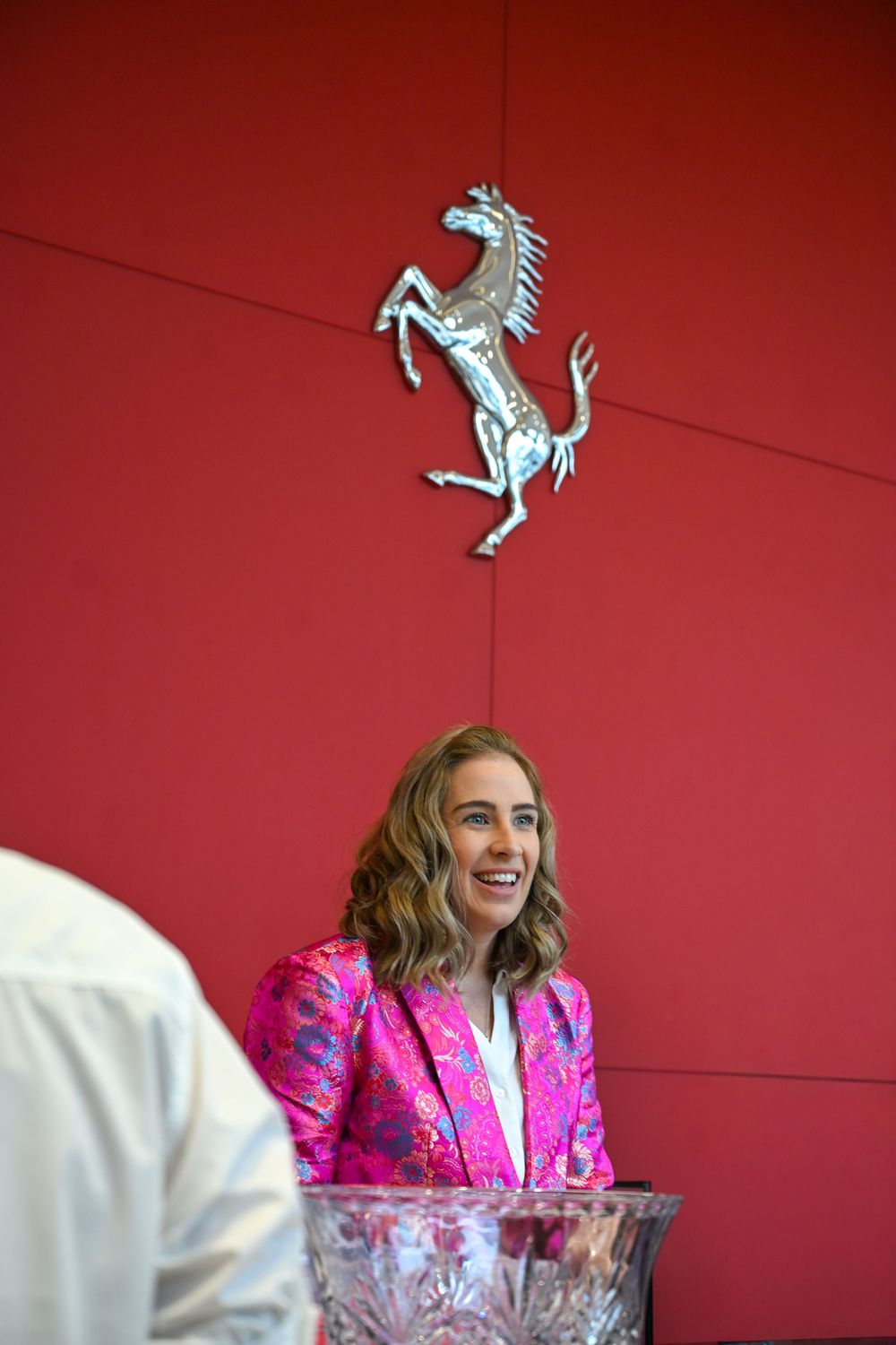 A sequence of photos showing a person in a pink blazer against a red wall with a decorative metal horse figure.