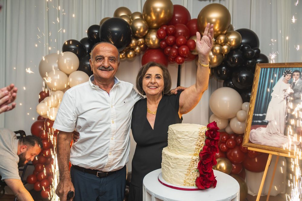 A collage of wedding celebration photos showing balloons, decorations, cake and dancing at an elegant party venue.
