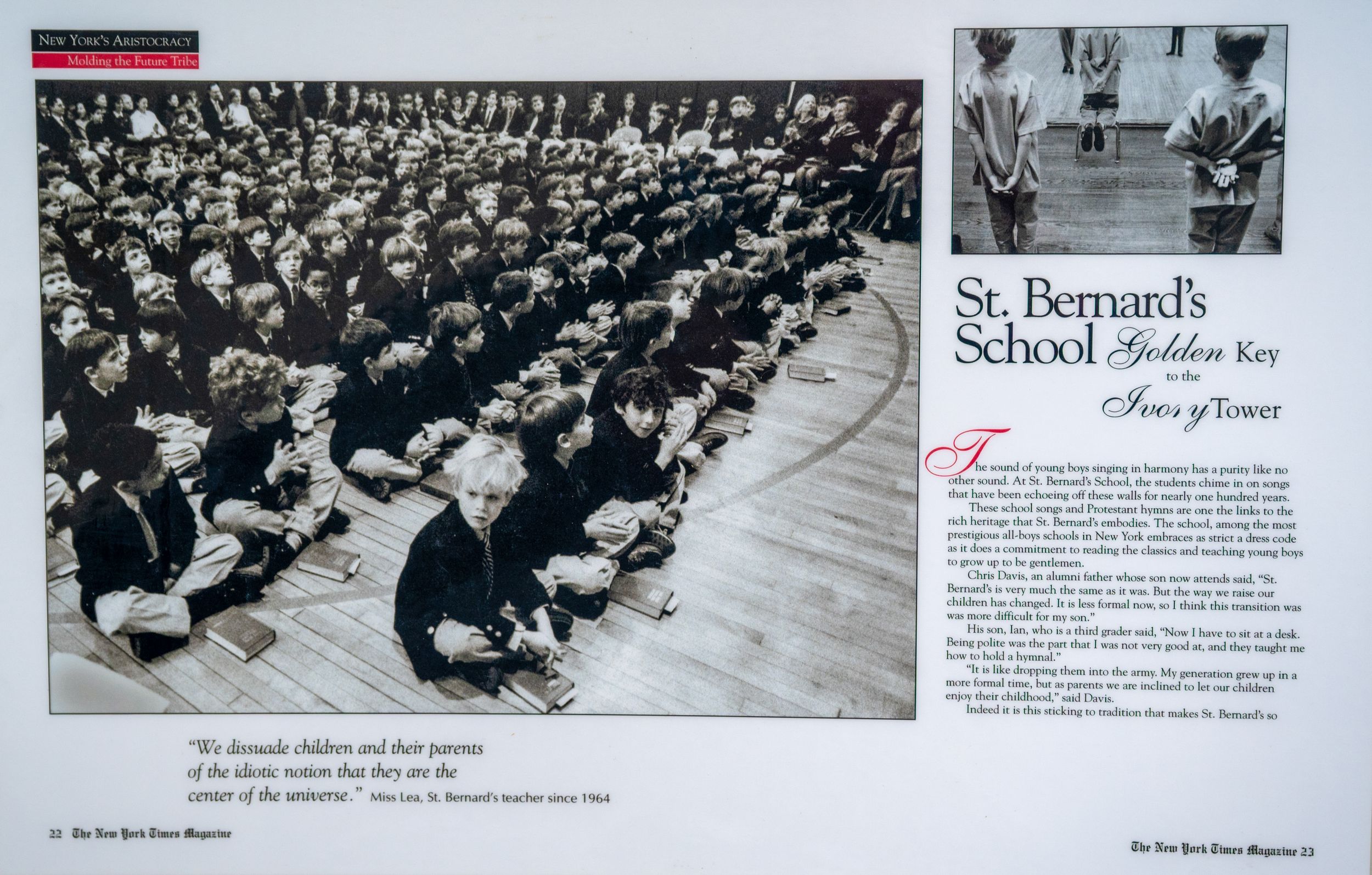 A series of vintage black and white photographs showing students in a classroom setting from St. Bernard's School history.