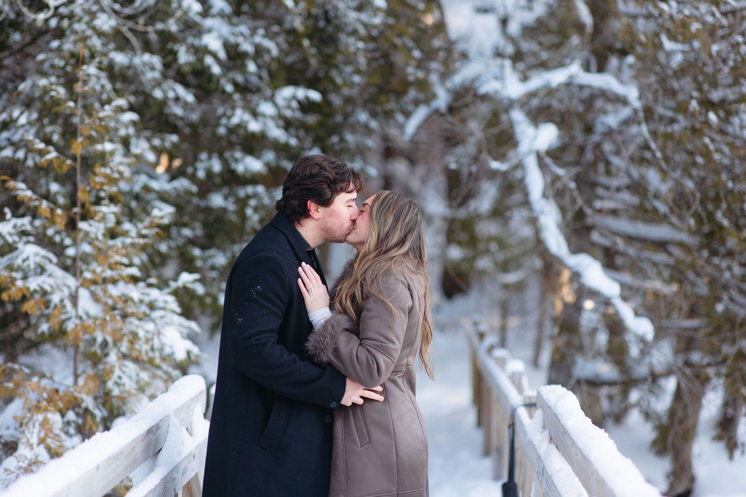 A romantic winter scene on a snow-covered bridge surrounded by frost-covered evergreen trees.