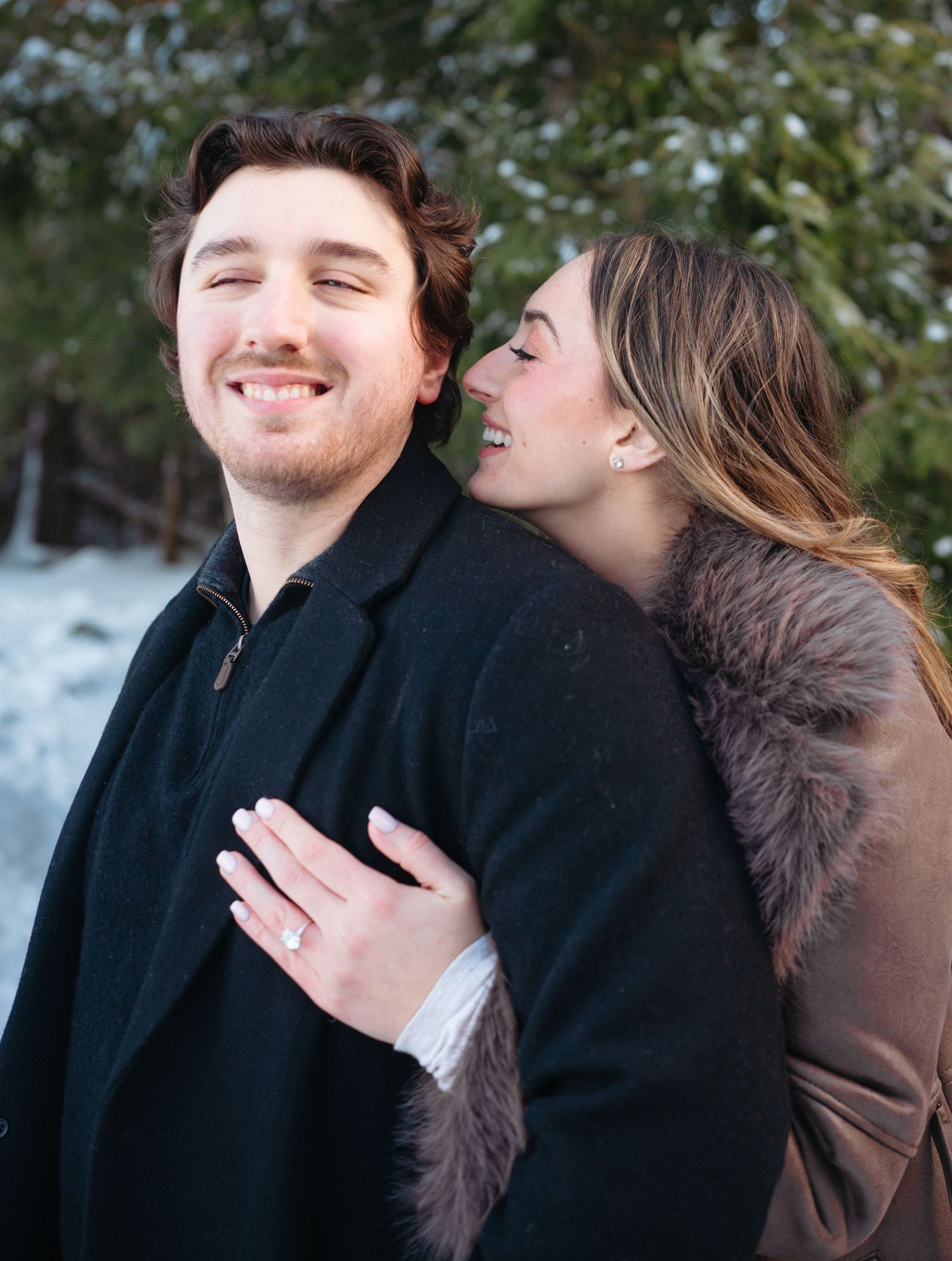 A series of candid moments captured between a couple during a winter photoshoot.