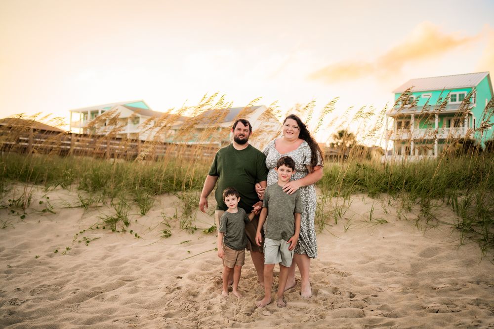A panoramic series of beach photos showing people walking along sandy dunes during golden hour at sunset.