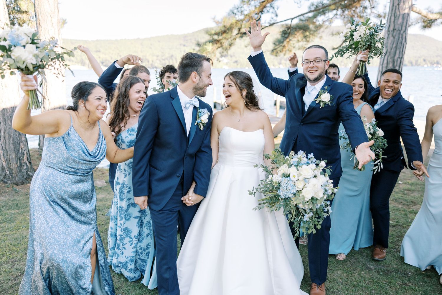 Six connected images show wedding celebration candid moments with guests and newlyweds enjoying outdoor festivities.