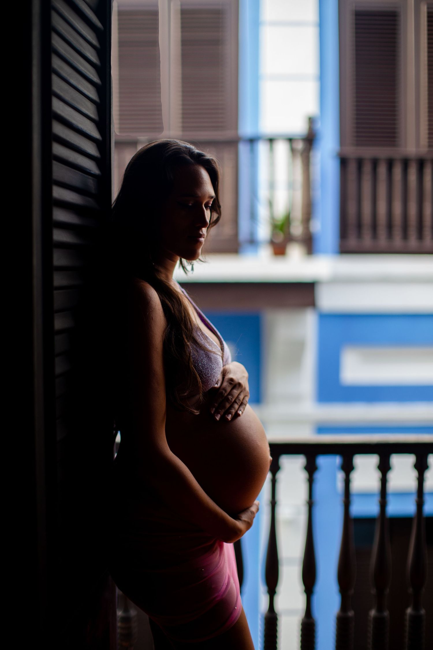 Silhouette portrait of a woman. Maternity portrait. Old San Juan, Puerto Rico.