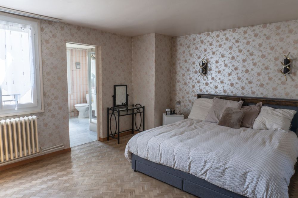 A collage of bedroom interior photos showing white bedding, patterned wallpaper, and natural lighting.