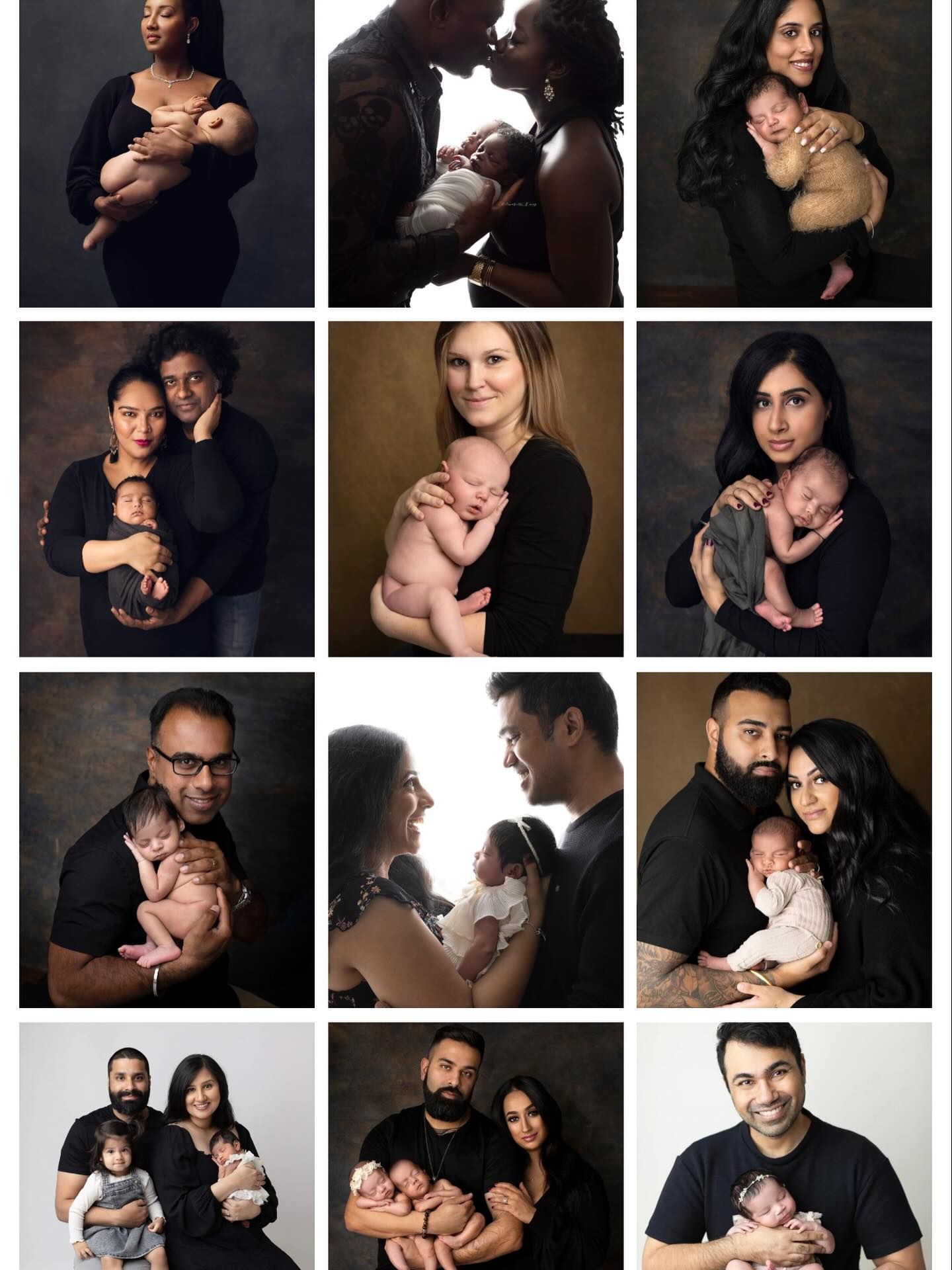 Artistic black and white studio portraits showing tender family moments with parents and children in intimate poses.