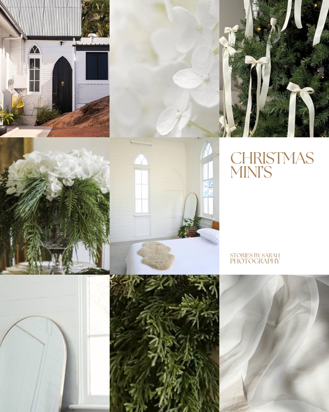 White floral arrangements and greenery decorate a bright, elegant church interior.
