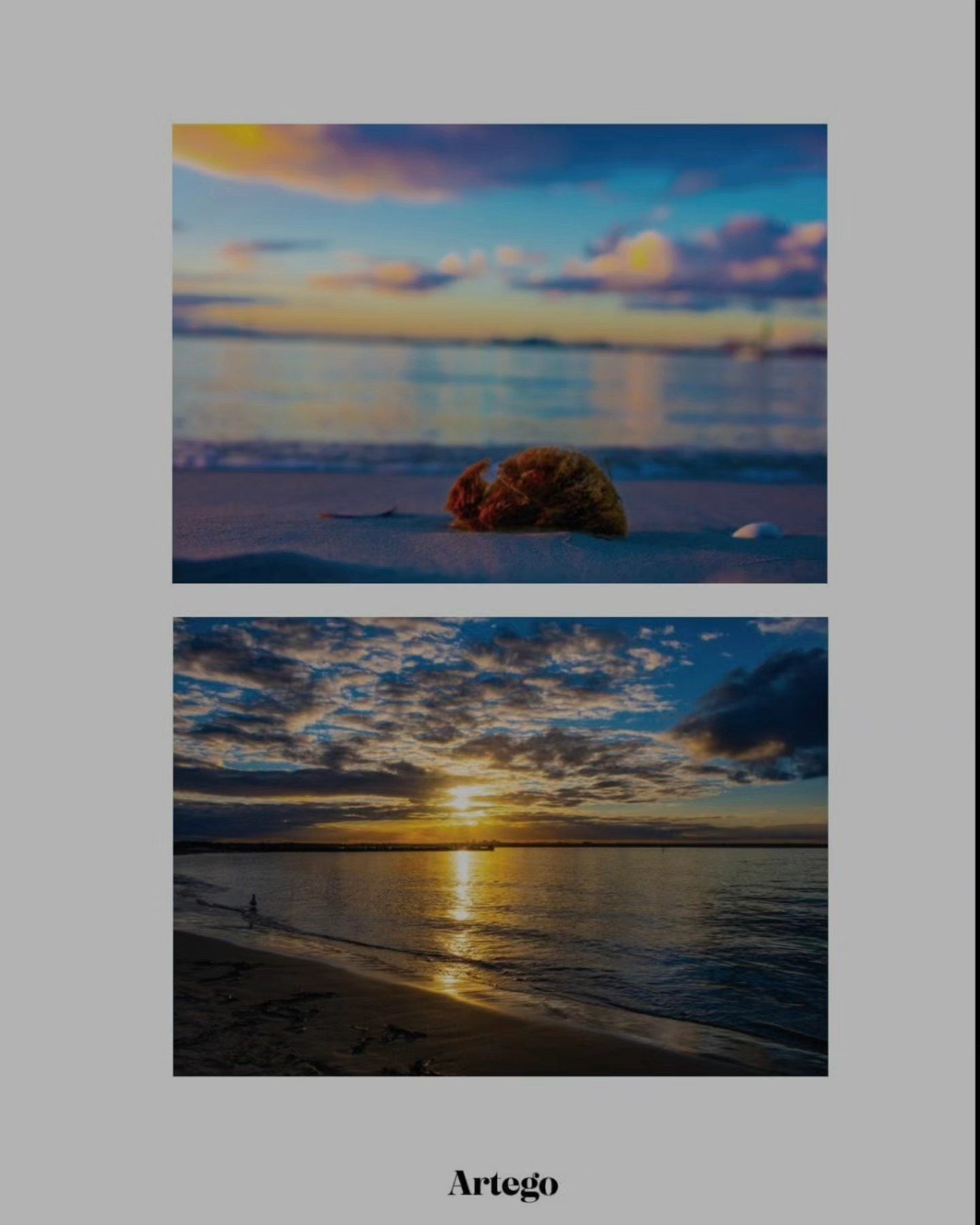 Two coastal landscape photos showing a sunset over water and a rock on the beach with soft pastel colors.