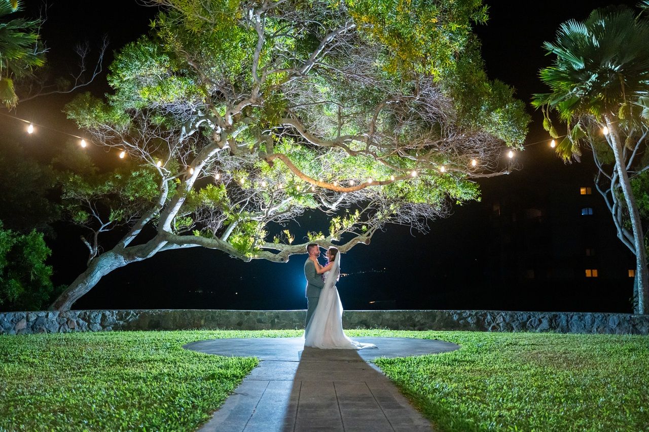Maui wedding photographer photo against beautiful Maui Pineapple Chapel by ohwowfotos.