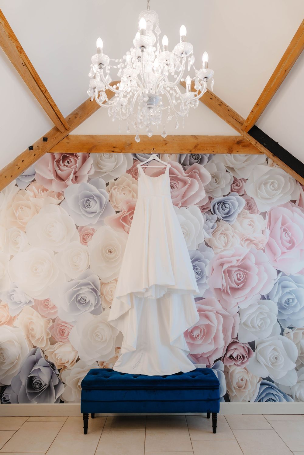 Kingscote Barn Wedding Photographer Zara Davis Photography Cotswolds Gloucestershire Cheltenham brides dress on hanger bridal suite