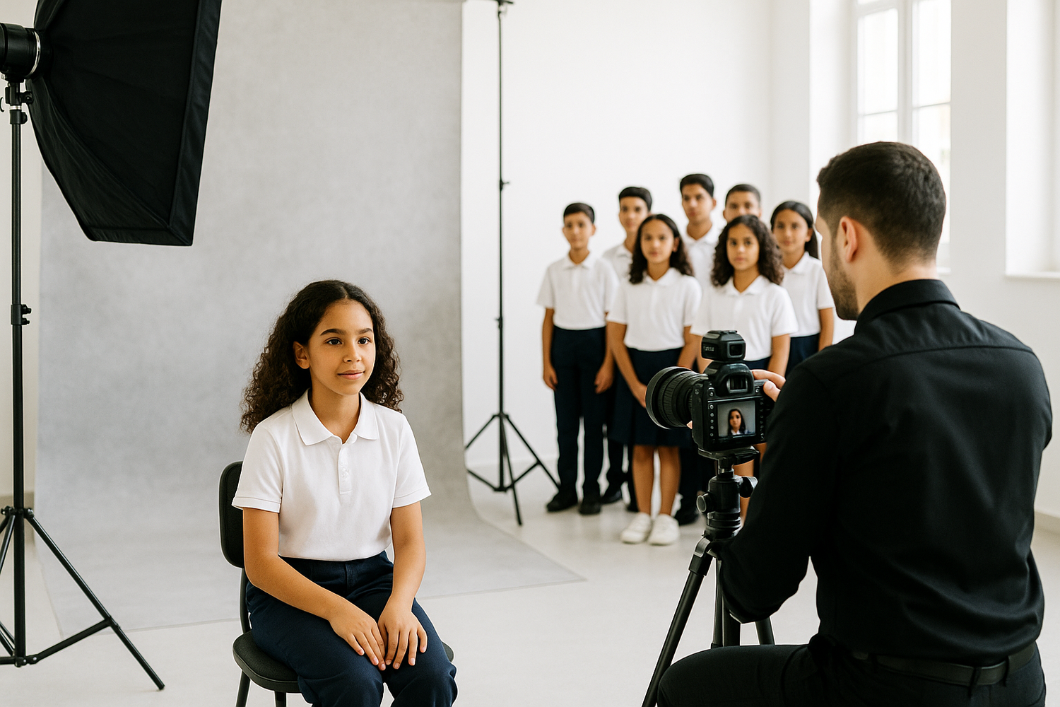 Professional photo studio setup with lighting equipment and white backdrop.