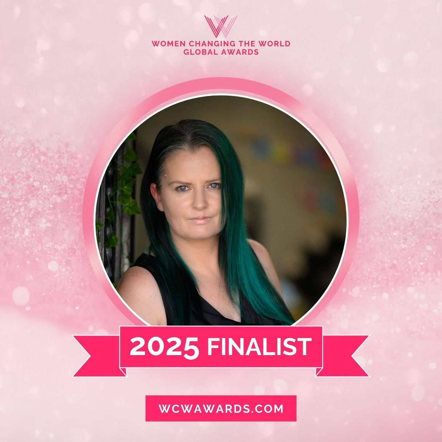 A pink circular award finalist badge for Women Changing the World 2025.
