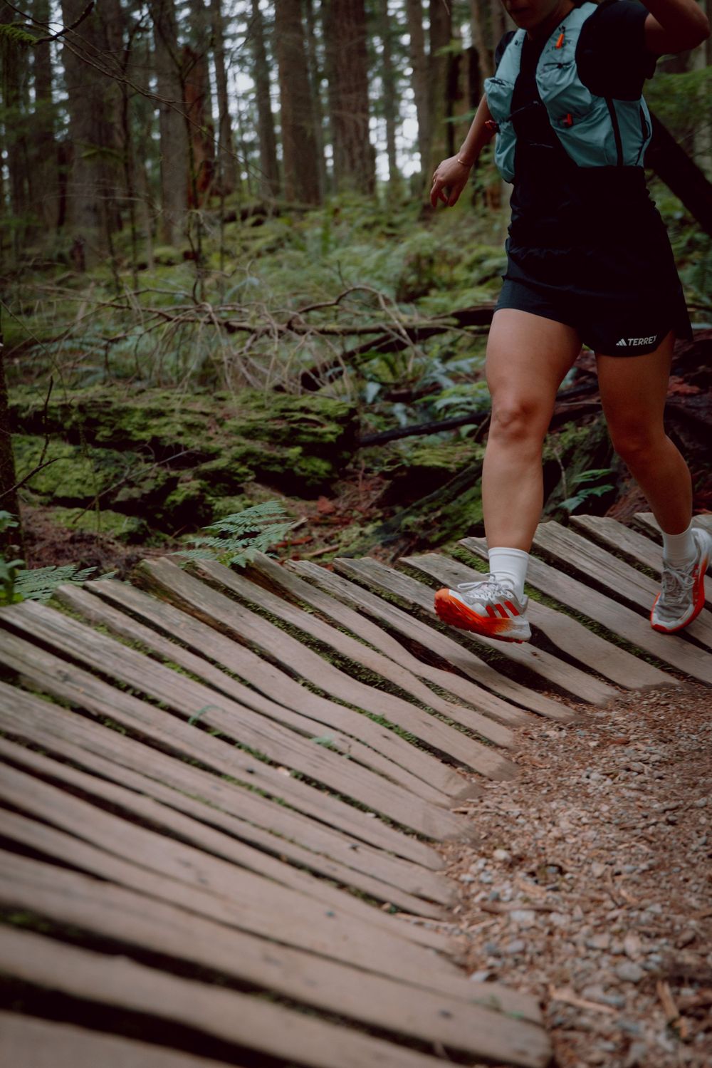 Close-up view of wooden planks forming a hiking trail boardwalk through a lush forest.