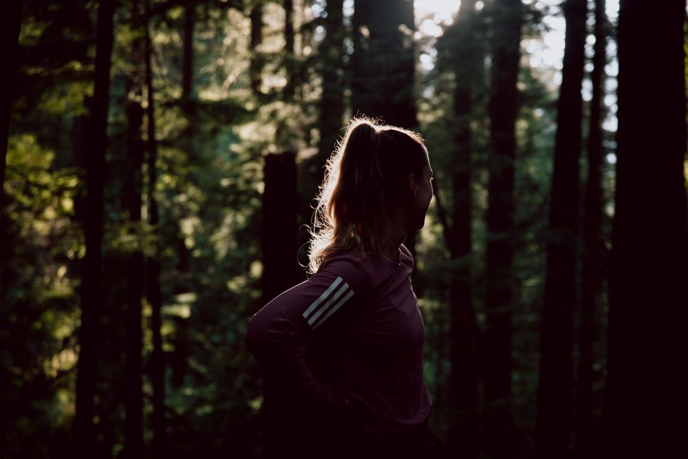 A silhouetted figure takes photos in a dark forest with sunlight filtering through the trees creating a moody atmosphere.