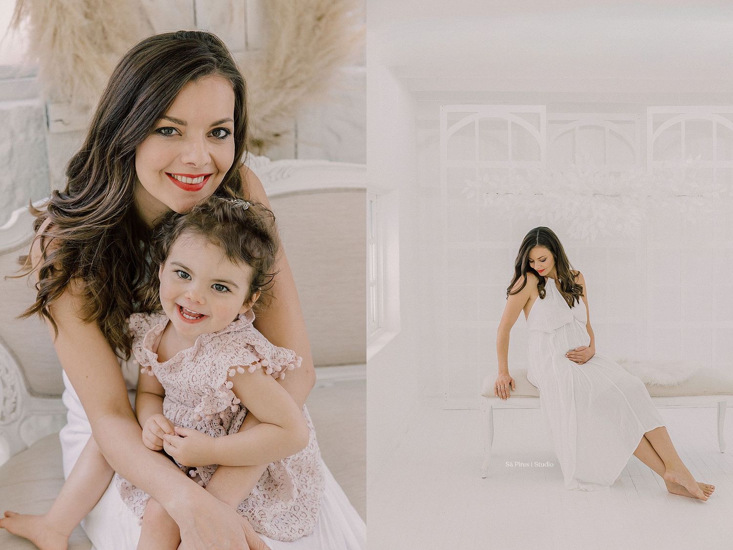 Parent and child share a playful moment on a beige couch in a bright room filled with natural light.