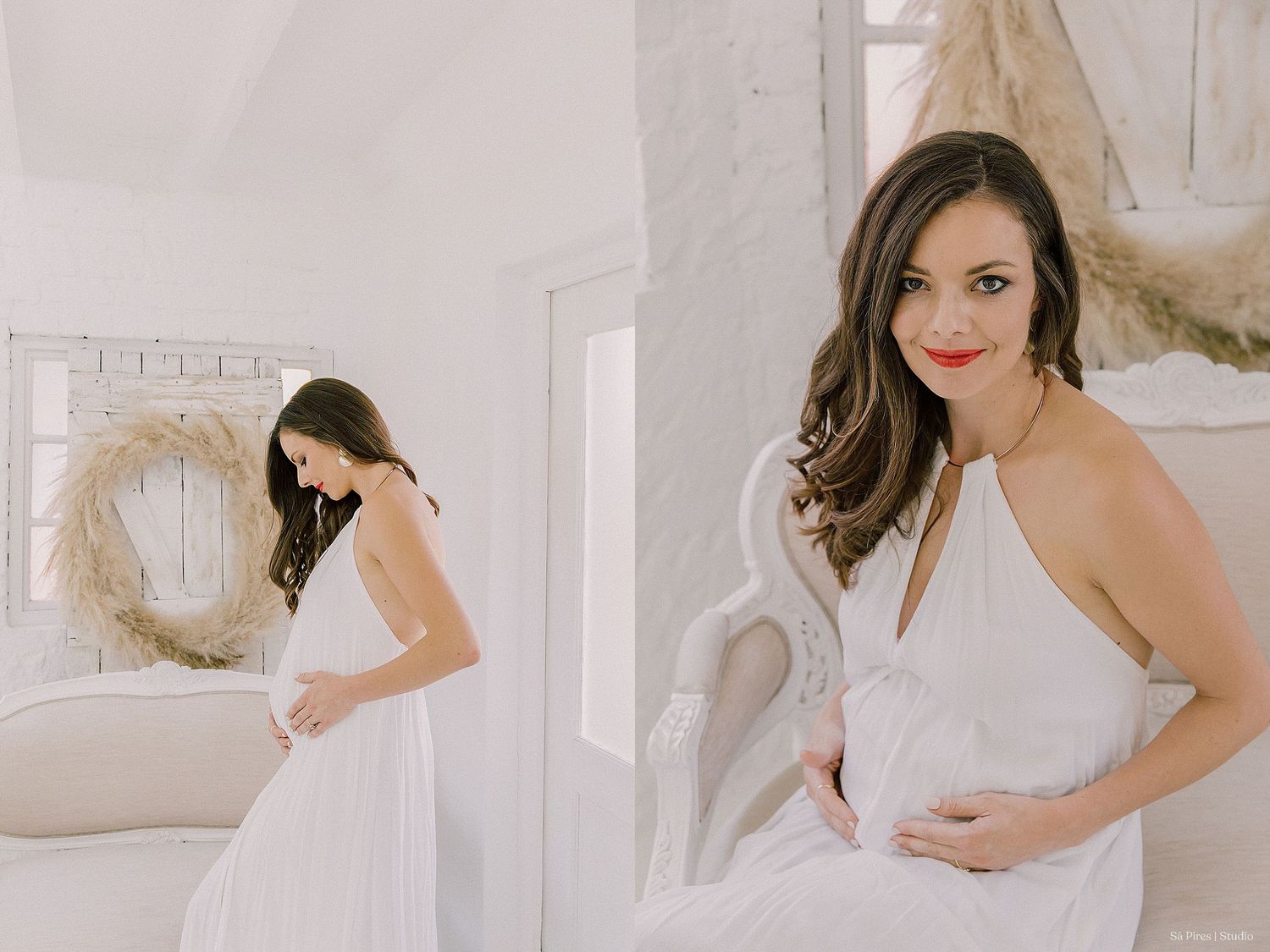 Person in white dress poses elegantly in a bright interior setting during a glamour photography session.