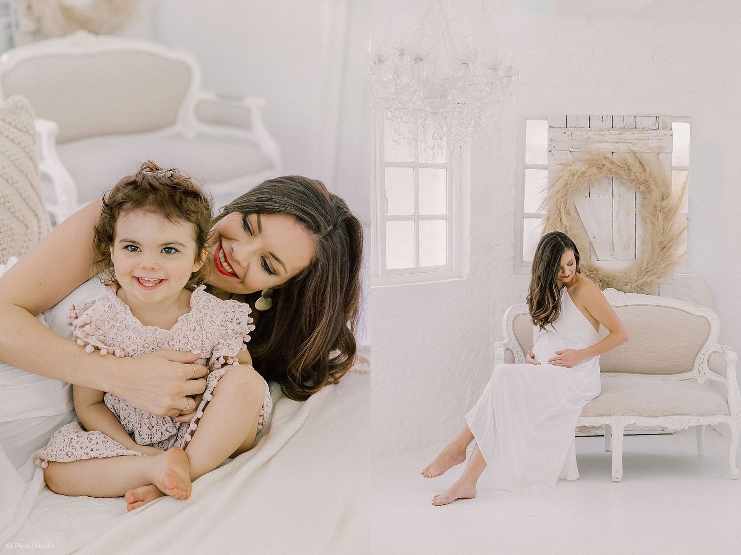 Parent and child share tender moments while playing together on a white bed in a bright minimalist room.