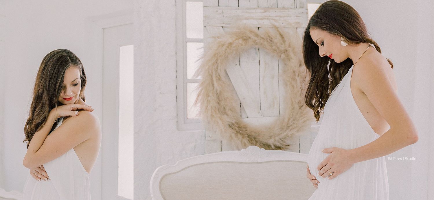A series of intimate maternity photography moments showing soft poses against a light minimalist studio backdrop.