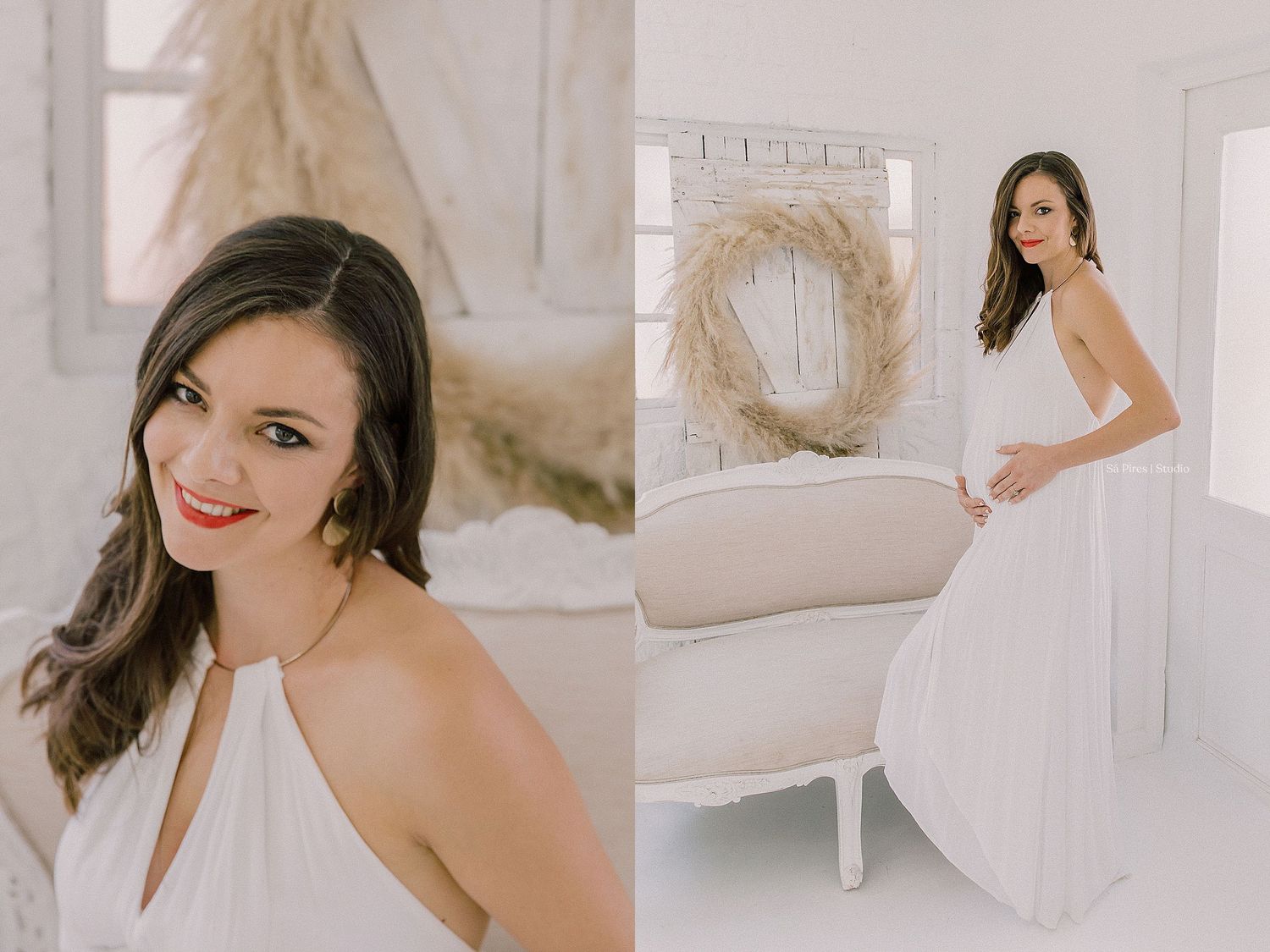 A series of bright, airy boudoir photography shots in a white room with natural window light.
