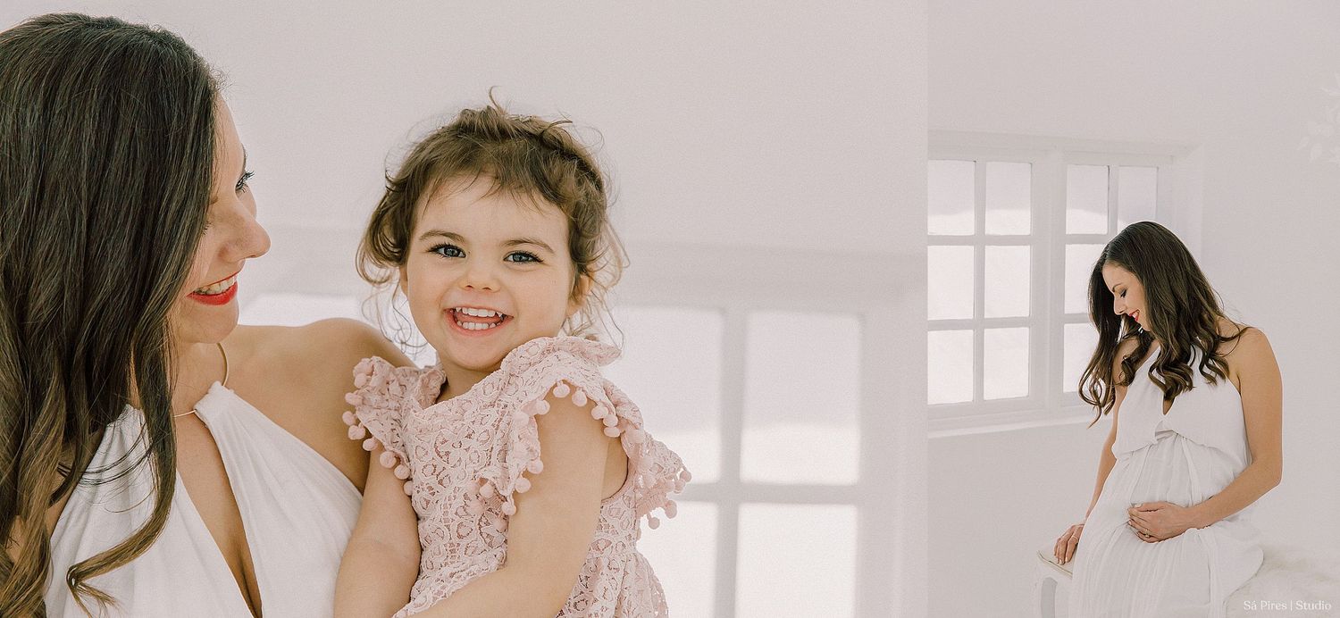 Three soft and romantic indoor portrait photos showing gentle, candid moments in pink and neutral tones.