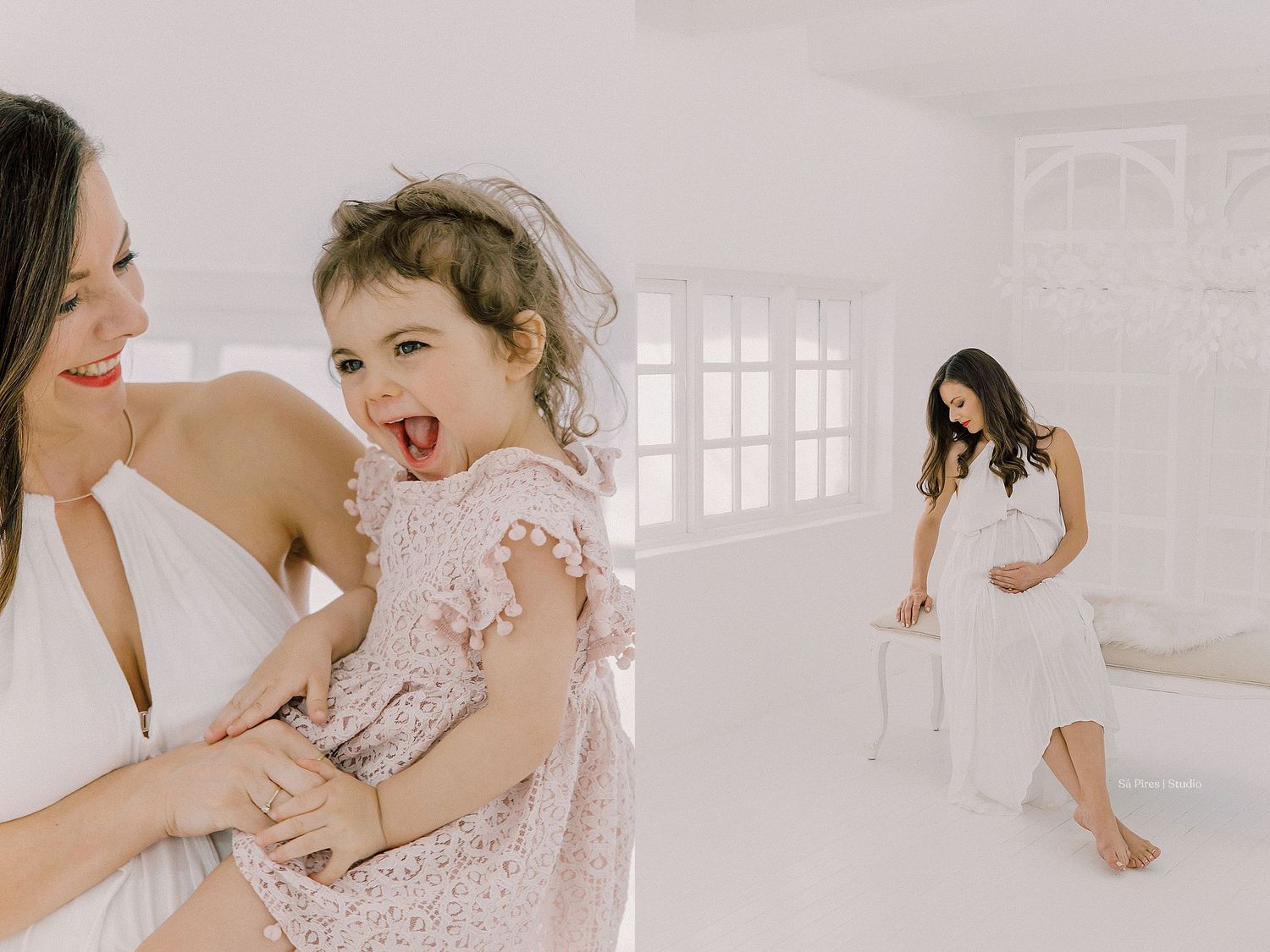 Multiple artistic portraits showcasing intimate moments in a minimalist white studio setting.