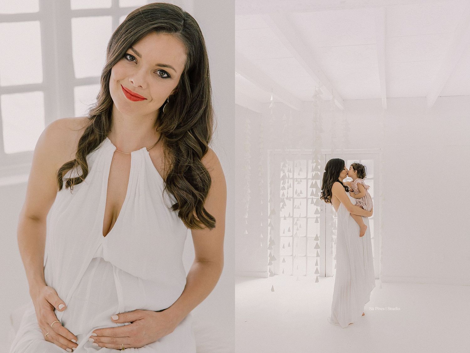 Woman in white dress poses elegantly in bright indoor setting during professional photoshoot.