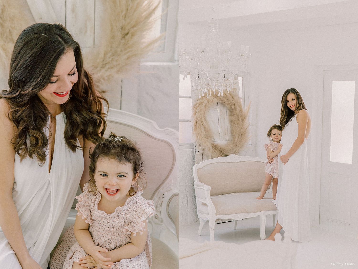 A compilation of five light and airy photographs showing glam makeup session preparations in white bridal robes.