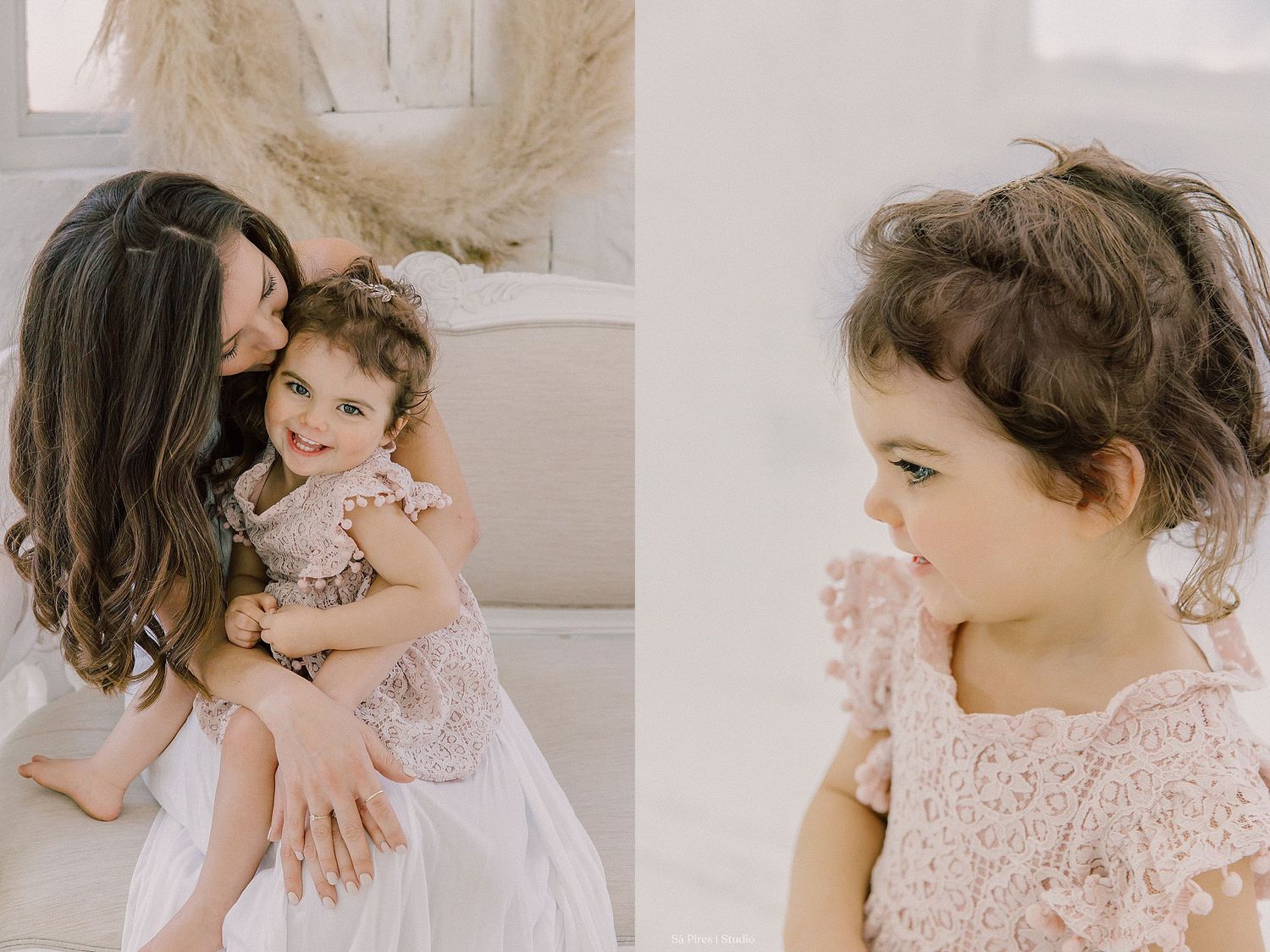 Tender candid portrait of parent and child wearing pink dresses in soft natural light interior setting.