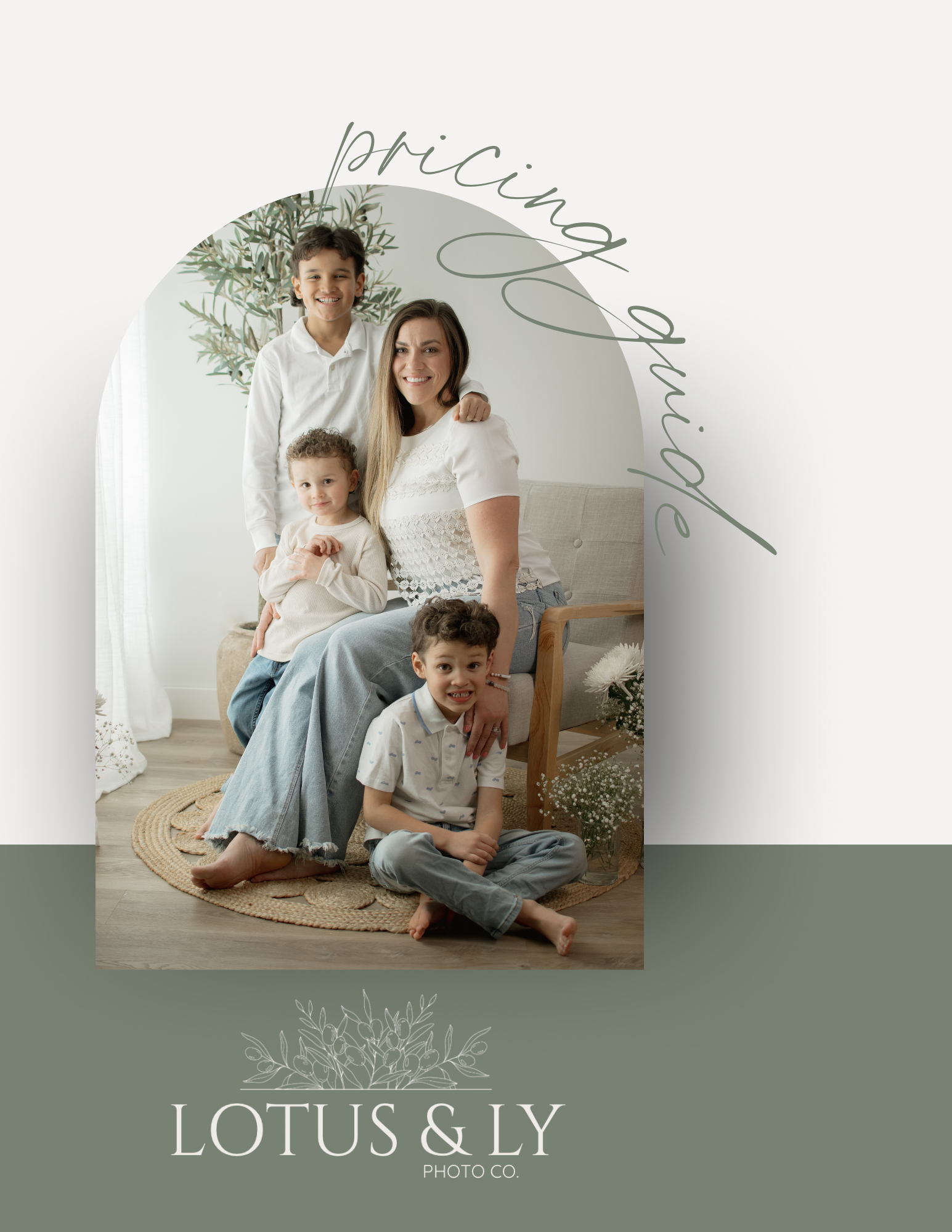 Lotus & Ly Photo Co. pricing guide featuring a mother and three children posing together in a bright, neutral studio setting.