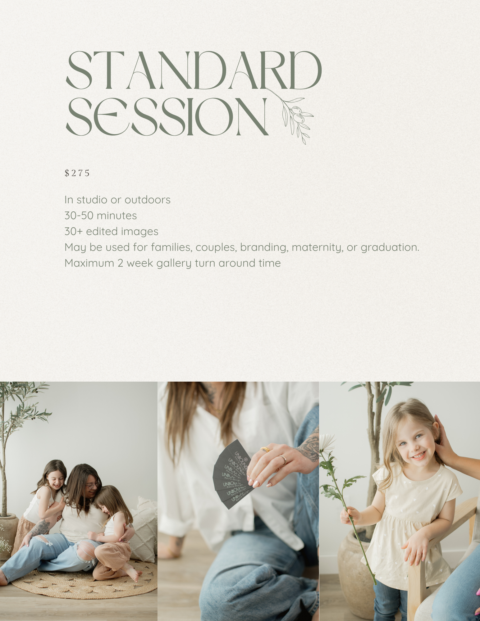 Photography pricing card for a standard session at $275, featuring studio photos of a mother with children and a smiling girl.