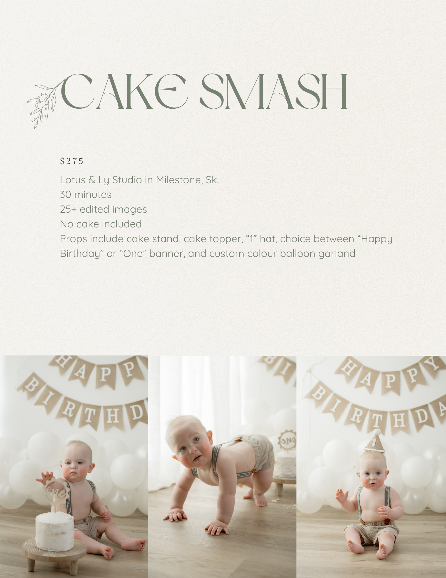 Cake smash photography package flyer showing a baby in neutral tones with balloons and Happy Birthday banner.