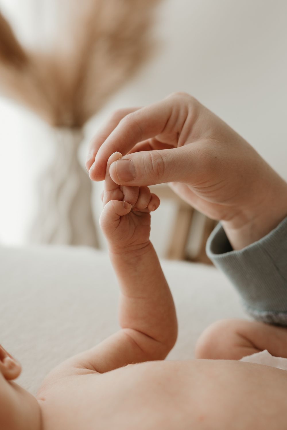 A parent gently holds a newborn baby's tiny hand, showcasing the tender bond between parent and child.