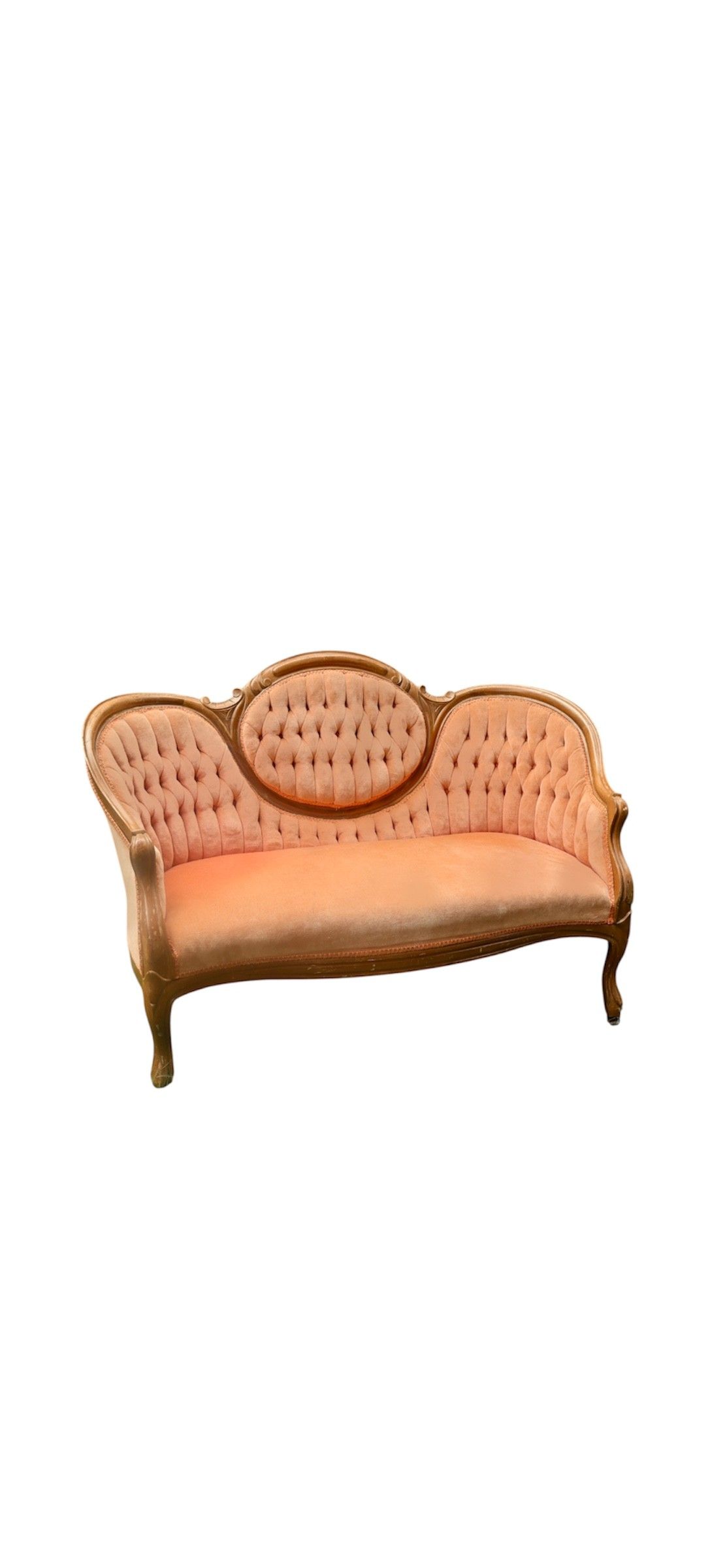 Vintage pink velvet Victorian sofa with tufted upholstery sits on green grass against lush green backdrop.