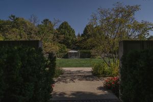Garden entrance pathway framed by hedges and trees with flowers.