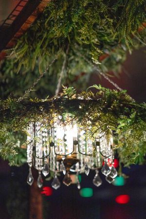 Crystal chandelier decorated with fresh greenery and hanging prisms creating magical lighting.
