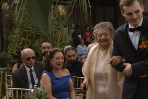 Wedding guests seated in formal attire at an outdoor ceremony with palm trees and stone walls.