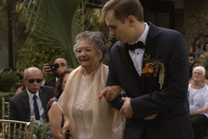 Wedding party members in formal attire gather at an outdoor venue with tropical landscaping.