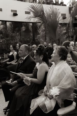 Wedding guests seated in rows at an indoor garden ceremony venue.