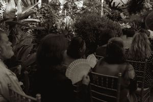 Black and white panorama of wedding attendees seated in a botanical garden venue.