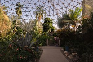 Greenhouse conservatory with glass dome ceiling and tropical plants in a botanical garden setting.
