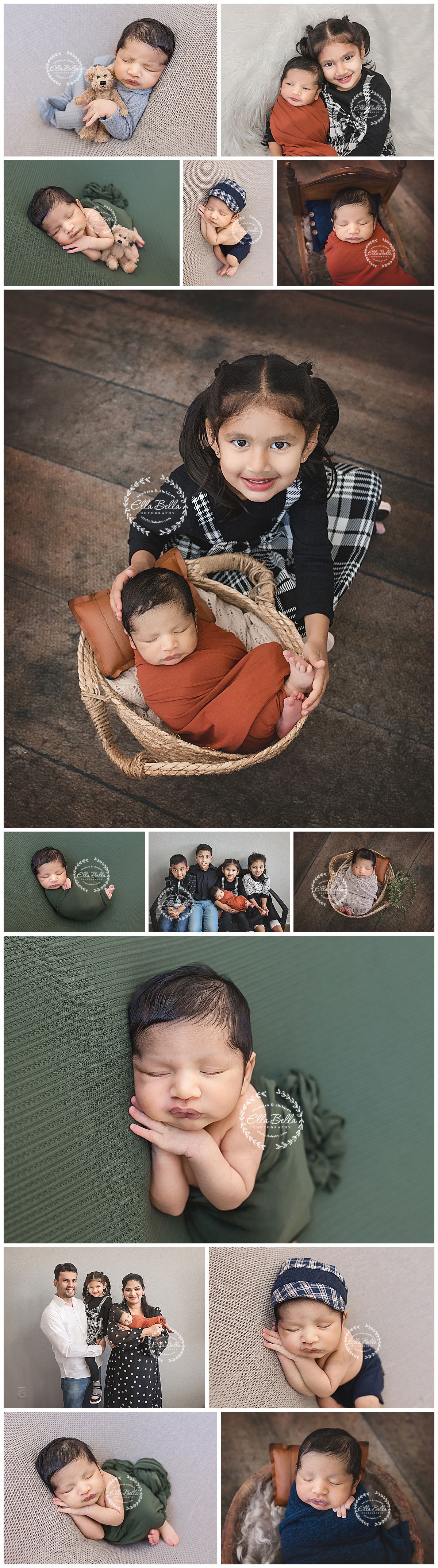 A collection of professional newborn and sibling photography portraits featuring tender moments and natural poses on textured backgrounds.
